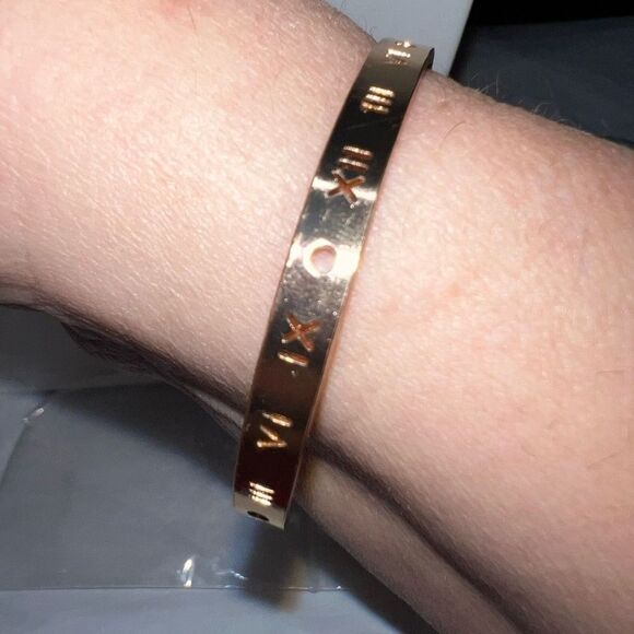 Gold Tone Roman Numeral Skinny Cuff Bracelet - Picture 3 of 6